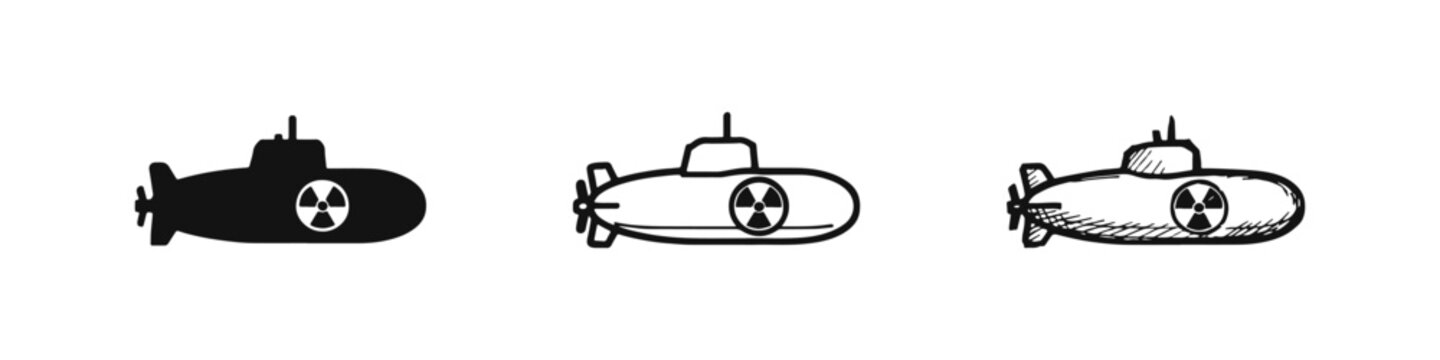 Nuclear Submarine Icons Set, Silhouette, Outline, and Hand-Drawn Sketch Styles