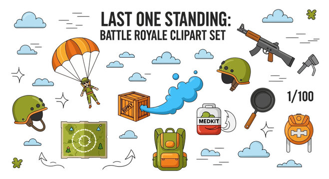 A collection of battle royalethemed cartoon illustrations featuring a parachutist supplies weaponry and gear against a clouddotted background