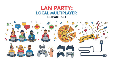 A collection of LAN partythemed illustrations featuring people with laptops gaming controllers pizza and network cables © Faisal