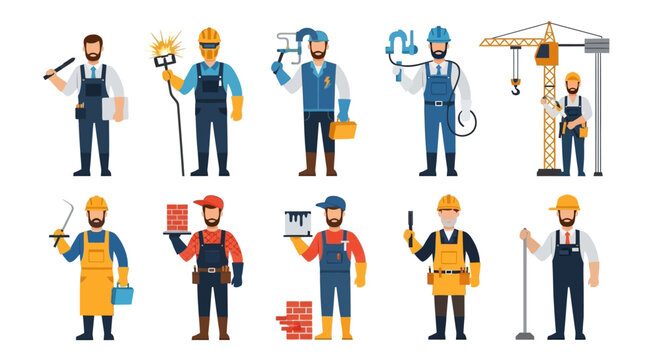 Set of professional construction workers and industrial professionals flat vector illustrations featuring welder, electrician, mason, painter, and crane operator