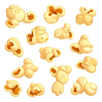 A collection of 12 golden-brown popcorn pieces on white background