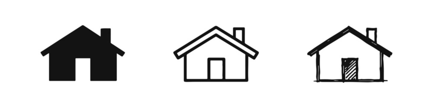 Simple House Icons Set, Home and Building Symbols, Silhouette, Outline, and Hand-Drawn Sketch Styles