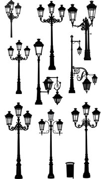 A collection of 15 black street lamp silhouettes on a white background