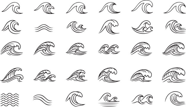 Wave sea line doodle icon set. Hand drawn sketch water wave outline. Simple curve, scribble aqua flow.