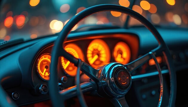 Classic car interior at night. Dashboard with glowing orange gauges and steering wheel. Bokeh city lights visible through windshield. Vintage automotive driving.