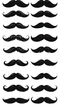 A collection of 16 black mustaches on a white background