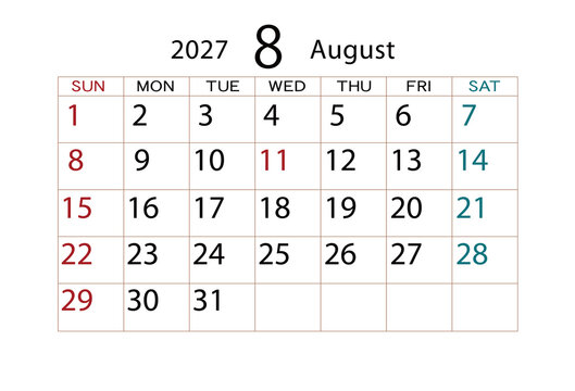 2027年カレンダー8月 ⑵
