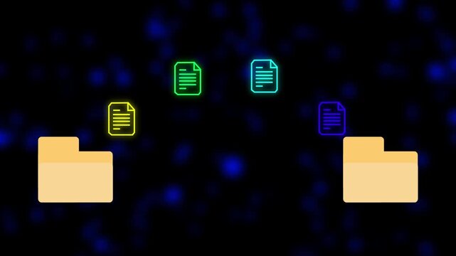 Digital files moving between two folders animation on dark background