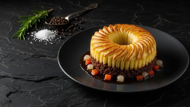Architectural Fine Dining Shepherd&rsquo;s Pie with Pommes Duchesse Spiral and Dark Slate Negative Space