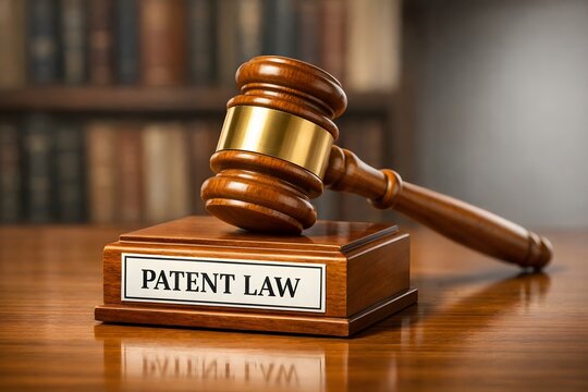 A wooden gavel rests on a block labeled patent law in a courtroom setting.