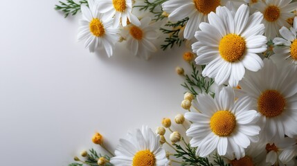 Obraz premium Beautiful chamomile flowers frame border on white background with copy space