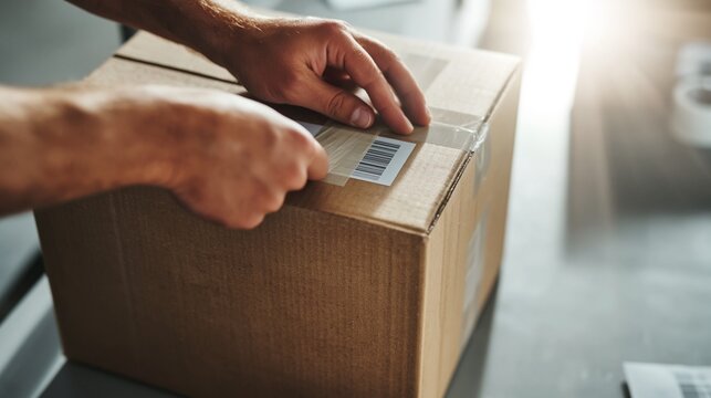 Close up of hands packing shipping box with barcode label