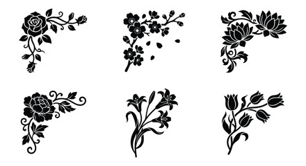 Vintage floral corner borders, black silhouette flower ornaments, set of 6 decorative botanical vector elements for wedding invitations and stationery © Md