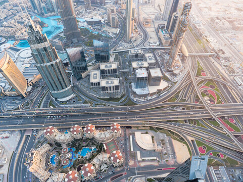 Sunset over downtown Dubai and Burj Khalifa around Sheikh Zayed road, Dubai's major highway