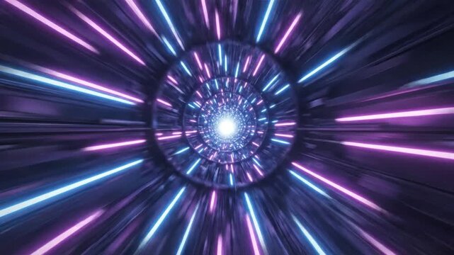 Abstract high-speed movement through a futuristic neon cyber tunnel with glowing blue and purple light streaks. Seamless loop of digital hyperspace or data transfer concept.