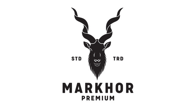 Deer head logo with antlers and MARKHOR premium text, black emblem design for hunting and wildlife branding