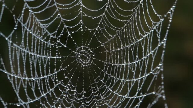 Dew drops on a spider web in the morning light, macro shot, nature background