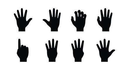 Fototapeta premium Black hand silhouettes set, collection of 8 human hand gestures and finger positions, isolated palm and finger vector icons for graphic design