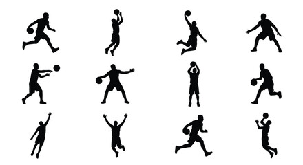 Basketball player silhouettes set, collection of 12 athlete vector icons, professional sports action poses including dunking and dribbling © Md