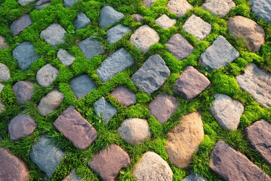 Cobblestone mosaic interleaved with grass in outdoor paving