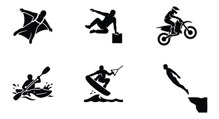 Extreme sports silhouette icons set, 6 black vector elements of adrenaline activities, parkour and wingsuit flying symbols, motocross and kayaking graphics © Juman