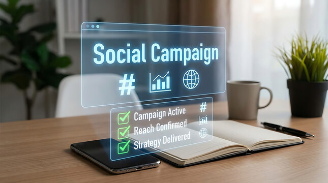 Social media campaign on smartphone with notebook and coffee on office desk with transparent screen displaying hashtags and graphs