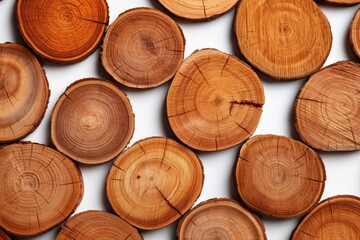 Fototapeta premium Closeup wood cross sections showcasing grain on white surface