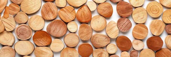 Fototapeta premium Multiple wood discs scattered over wide white studio surface