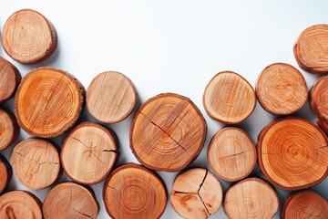 Fototapeta premium Stacked wooden log cross sections on white surface minimal background