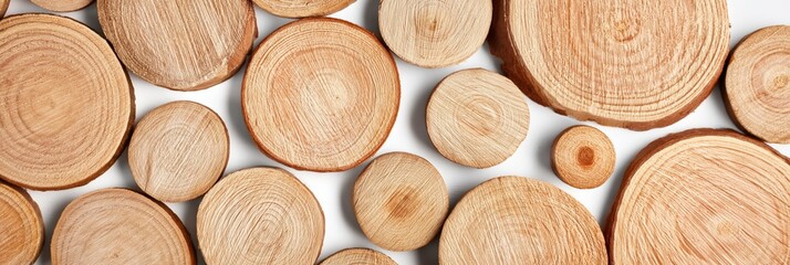 Fototapeta premium Wood rounds arranged in overlapping pattern on white background