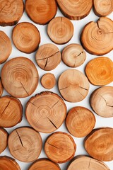 Fototapeta premium Wood rounds arranged in vertical pattern on white background