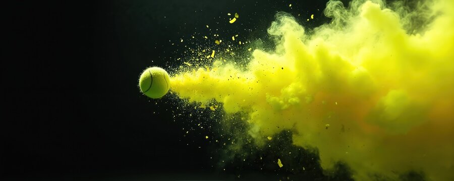 Tennis ball in motion creates bright yellow smoke cloud against black background. Fast action shot suggests power, speed, and energetic play. Dynamic game moment captured.
