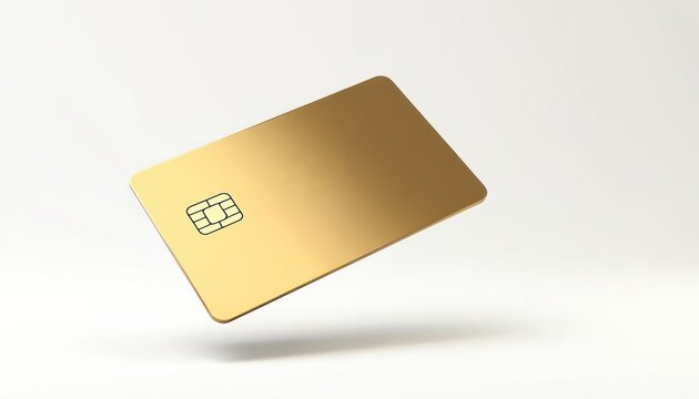 Blank golden credit card with chip floats on white background. Luxury payment card mock up for banking and finance concepts. Secure digital transaction symbol.