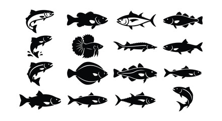 Fototapeta premium Black fish silhouette icons set, 16 vector fish species collection, aquatic animal symbols for fishing and seafood logos, minimalist marine life graphics