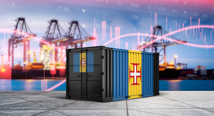 Madeira container with economy chart: A striking image showcases a Madeira flag adorned shipping container, set against a dynamic backdrop of port cranes. © bao