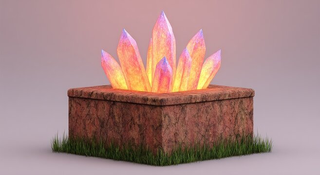 Glowing Crystals Erupting from a Square Earth Block.