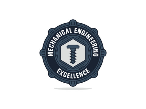 Mechanical engineering excellence badge with screw emblem and text on circular design