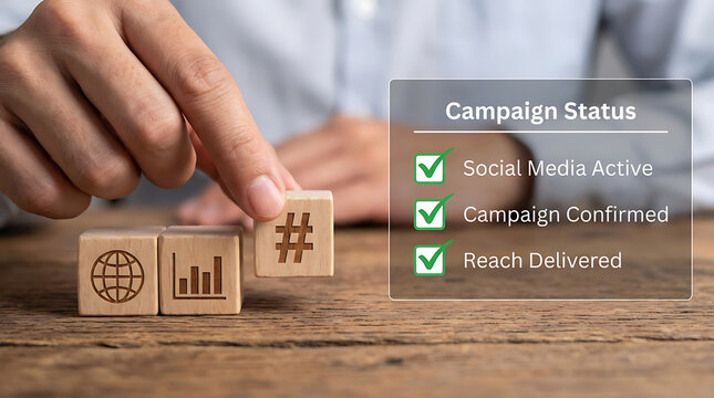 Hand positioning social media campaign status hashtags on wooden blocks