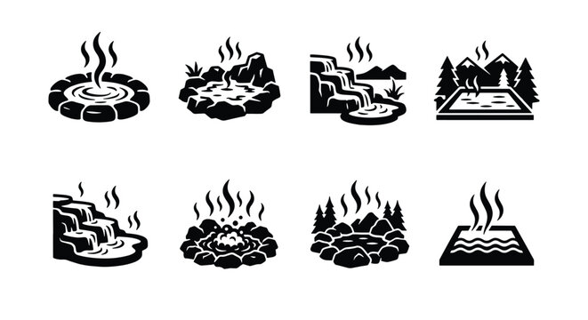 Hot spring icons set, black and white thermal bath vector illustrations, 8 natural onsen and spa sauna symbols for wellness and travel maps