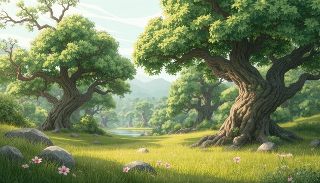 Serene landscape with ancient, majestic trees perfect for nature-themed presentations, peaceful retreats, and tranquil digital art backgrounds