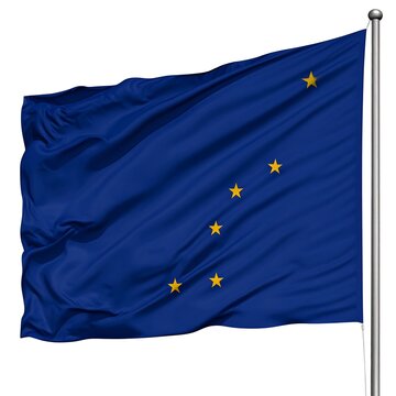 A blue flag with seven yellow stars waving on a silver pole