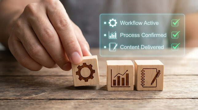 Hand positioning wooden blocks with workflow icons on a table representing business process management and strategy