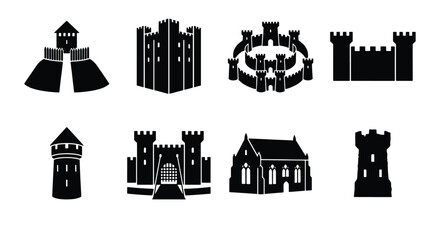 Medieval castle silhouette icons set, 8 black fortress and tower vector elements, ancient stone citadel and palace architecture symbols for gaming © Md