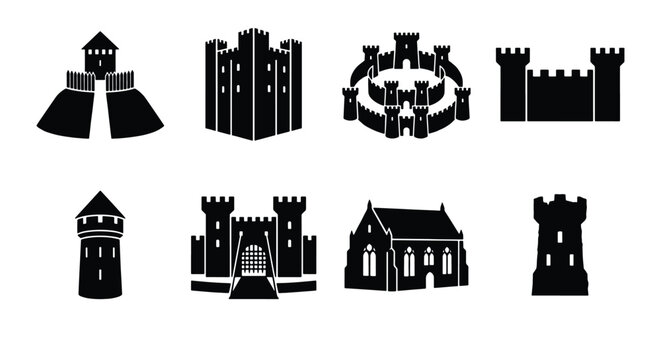 Medieval castle silhouette icons set, 8 black fortress and tower vector elements, ancient stone citadel and palace architecture symbols for gaming