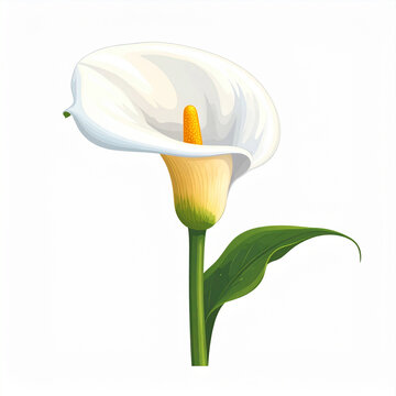 Elegant white calla lily flower illustration isolated on a clean background. Botanical design featuring Zantedeschia aethiopica with green leaf, ideal for floral, wedding, nature decorative projects.