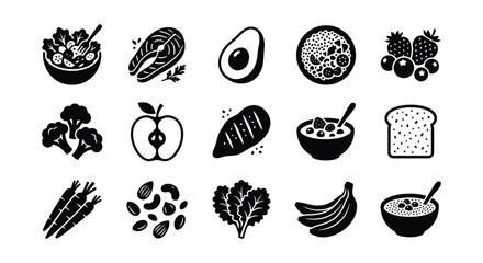Fototapeta premium Healthy food icons set, 15 black vector elements for nutrition and diet planning, organic grocery and superfood silhouettes for meal prep apps