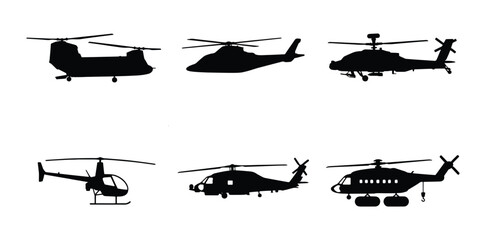Military helicopter silhouettes set, 6 black aircraft vector icons, army aviation transport and rescue chopper collection for infographics © Abdullah