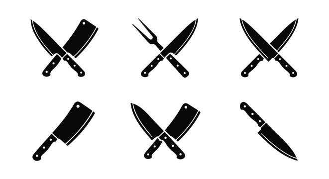 Professional chef knife set icons, crossed butcher cleaver and kitchen cutlery silhouettes, 6 black vector elements for restaurant branding