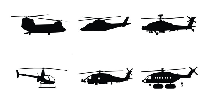 Military helicopter silhouettes set, 6 black aircraft vector icons, army aviation transport and rescue chopper collection for infographics