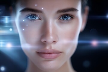 Obraz premium Portrait of a person illuminated by scanning light beams with digital overlay showing facial recognition points and futuristic UI
